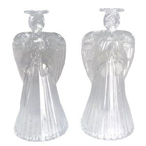 Pair of Mikasa Lead Crystal Glass Praying Angel Candle Holders 7.25 in